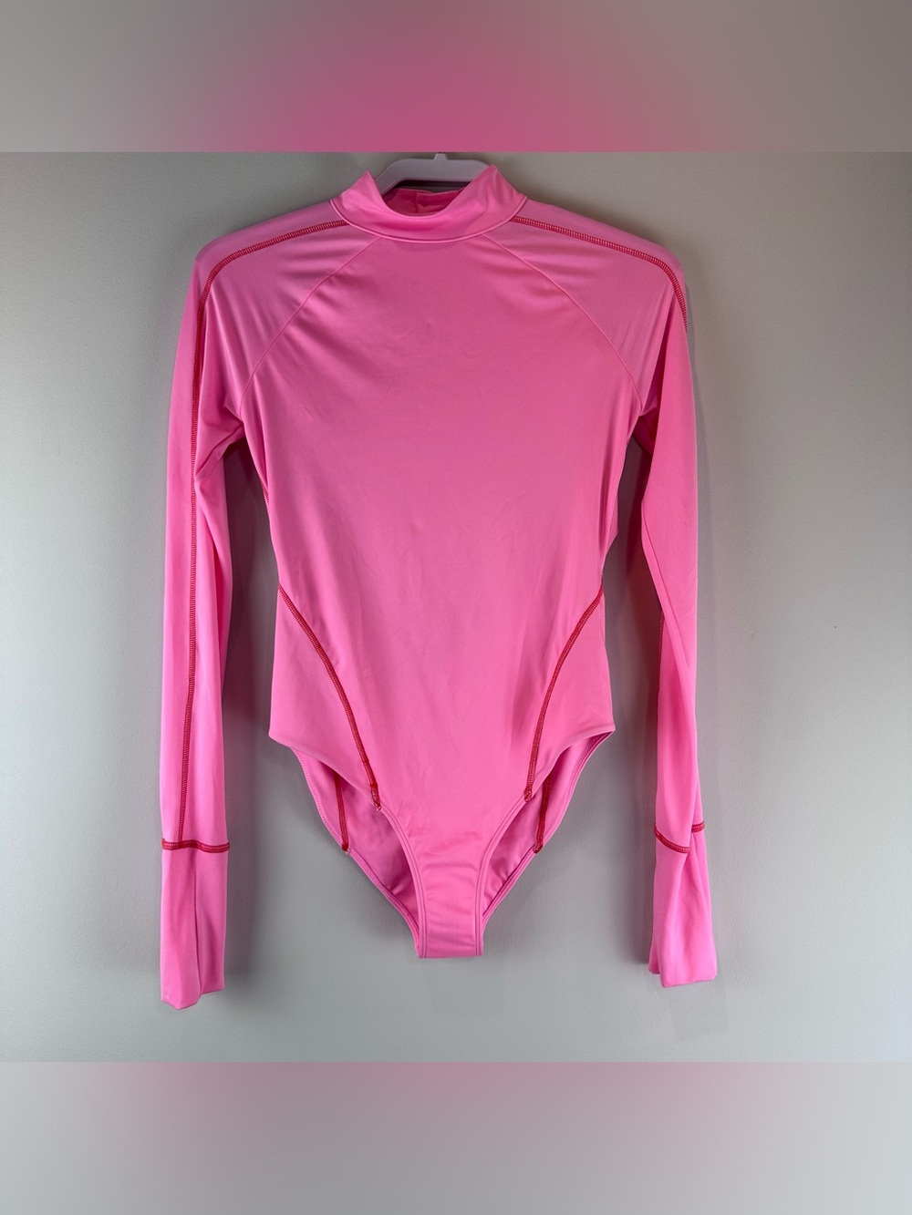 NWOT We Are Hah Pink Gloves Off Long Sleeve One Piece Bodysuit Swimsuit Medium